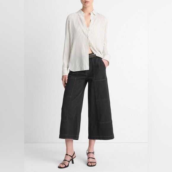 Vince Tops - Vince Stripe 100% Silk Blouse Beige Button Down Workwear NWT Small